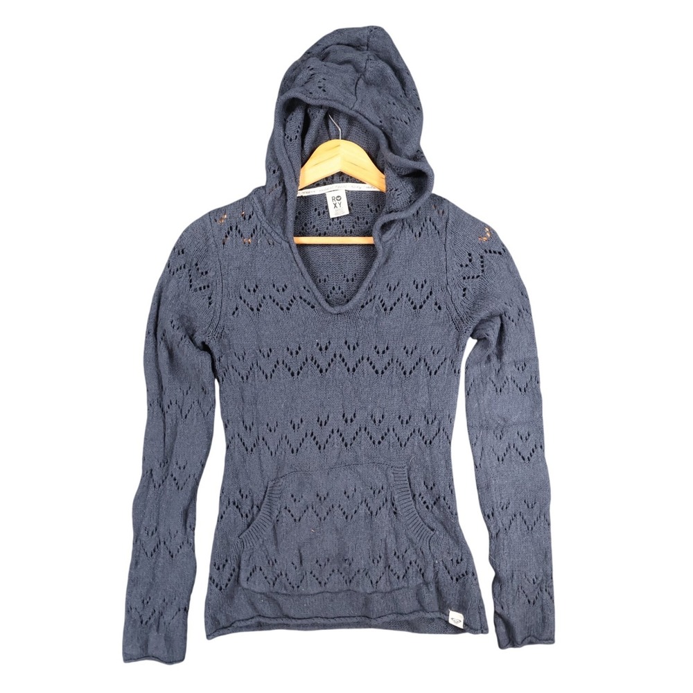 Roxy Knit Hoodie Women Small‎ Navy Blue Acrylic Nylon Pointelle Crochet Pullover